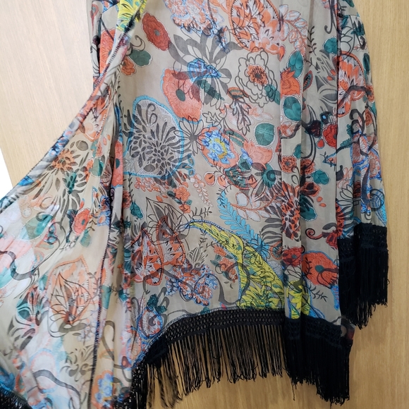 Sans Souci, tan orange green blue black kimono fringe cardigan, large - Picture 8 of 15